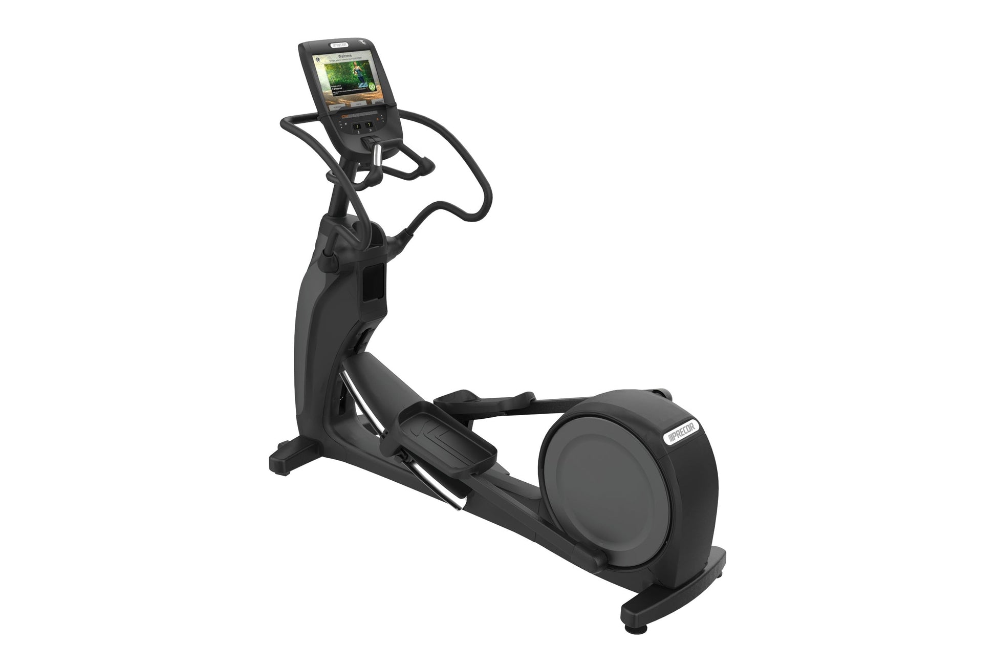 Black elliptical trainer with curved handles and digital console display on white background