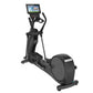 Black elliptical machine with interactive touchscreen console displaying workout metrics and scenic route on white background