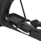 Black elliptical exercise machine with pedals, handles, and digital console on white background