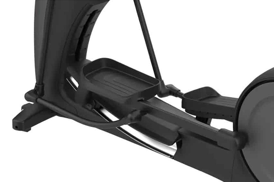 Black elliptical exercise machine with pedals, handles, and digital console on white background