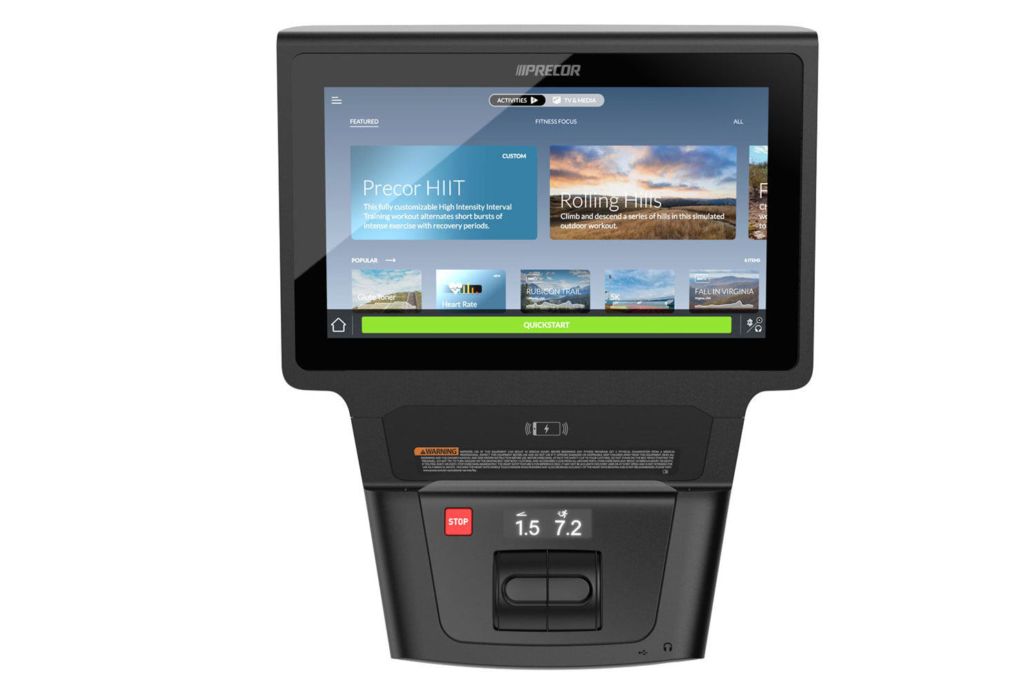 Precor exercise machine with black frame and touchscreen display showing HIIT workout content and green quickstart button