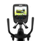 Black Precor elliptical machine with curved handles, digital display console showing workout interface, on white background