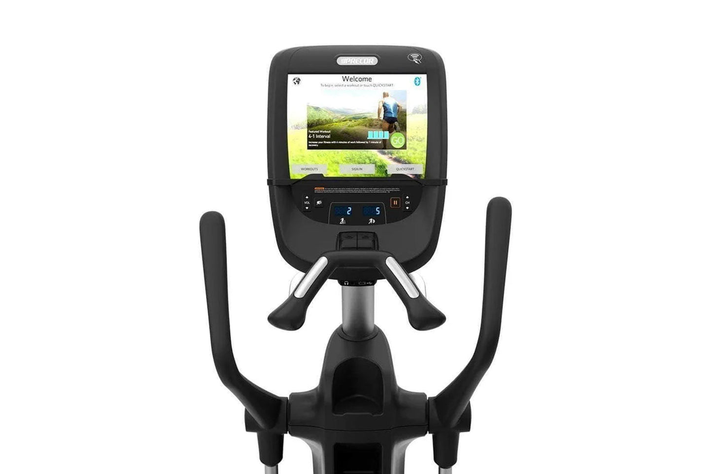 Black Precor elliptical machine with curved handles, digital display console showing workout interface, on white background