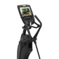 Black Precor elliptical machine with integrated console display showing workout metrics, on white background
