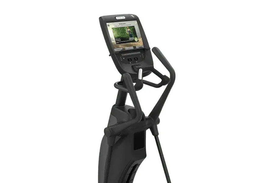 Black Precor elliptical machine with integrated console display showing workout metrics, on white background