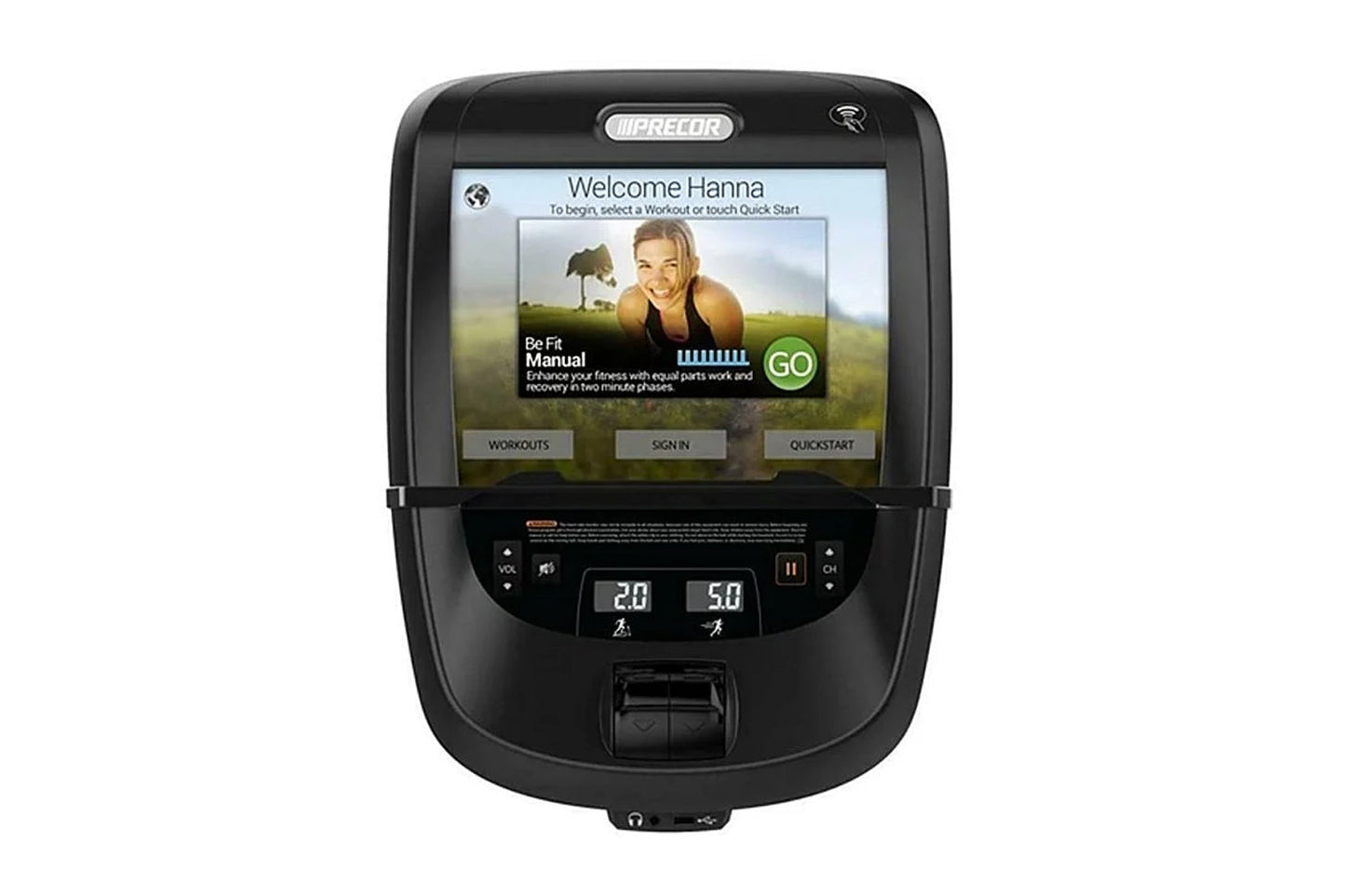 Precor EFX 885 black elliptical machine with P82 touchscreen console displaying welcome screen on white background