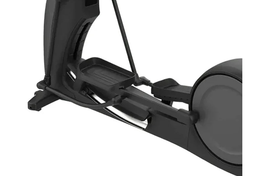 Black Precor EFX 885 elliptical machine with P82 console, large foot pedals, and stationary handles on white background