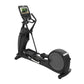 Black elliptical machine with digital console display and fixed handlebars on white background