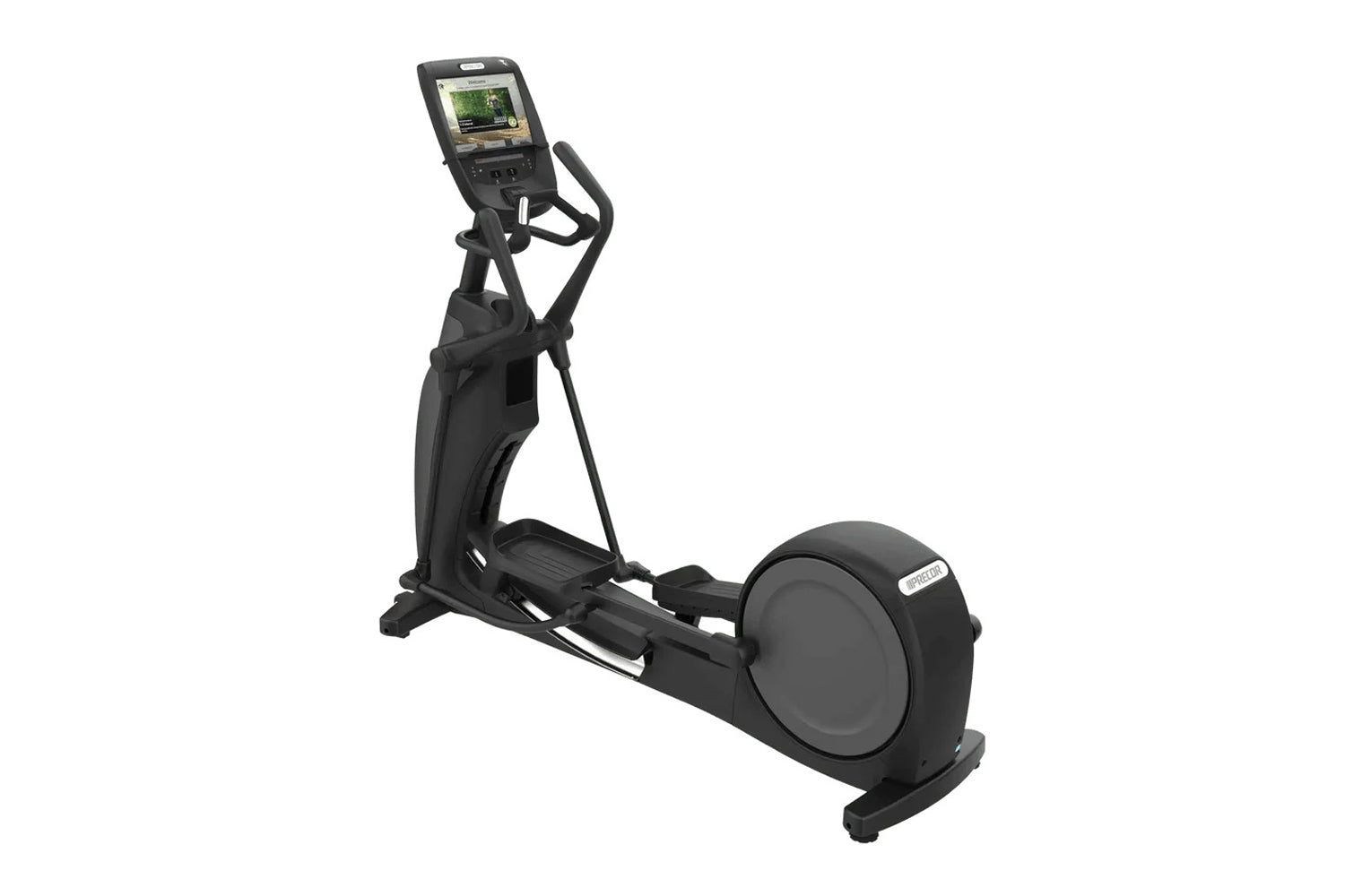 Black elliptical machine with digital console display and fixed handlebars on white background