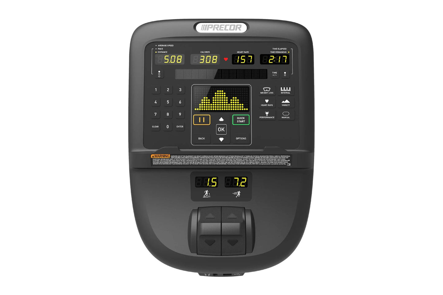 Precor RBK 600 recumbent exercise bike console displaying workout metrics, numeric keypad, and yellow dot-matrix screen on wh