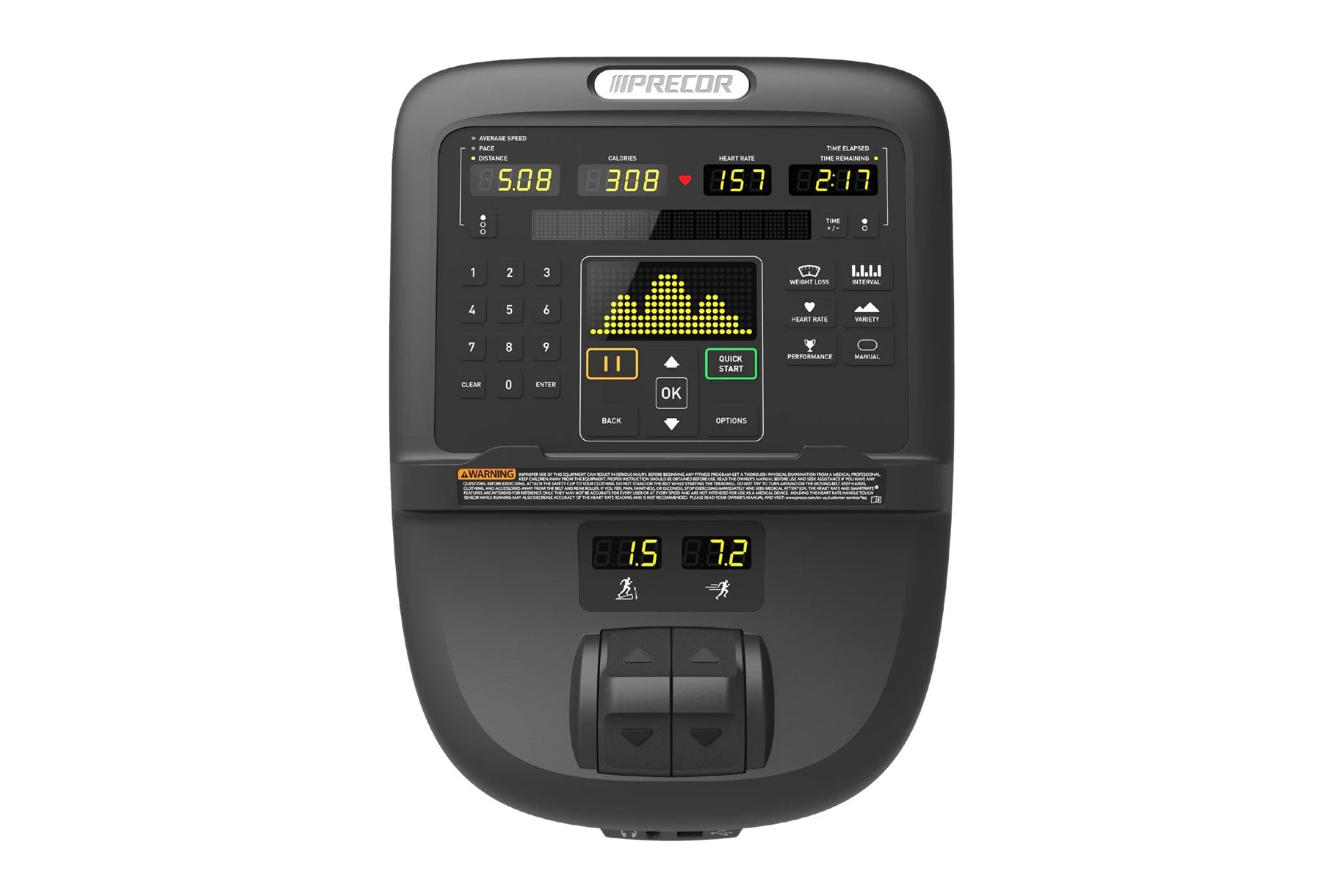 Precor RBK 600 recumbent exercise bike console displaying workout metrics, numeric keypad, and yellow dot-matrix screen on wh
