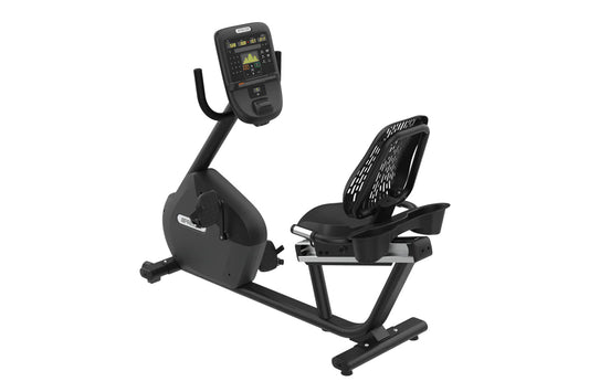 Black recumbent exercise bike with digital console displaying workout metrics, ventilated backrest, and foot pedals on white 