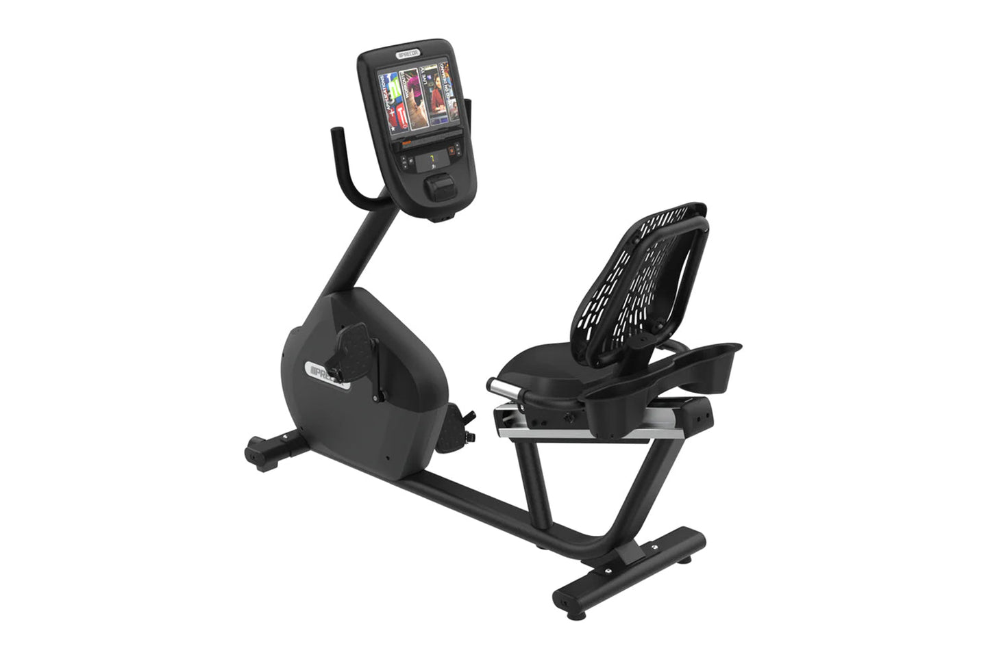 Black recumbent exercise bike with digital display console, perforated backrest, and foot pedals on white background