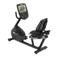 Black recumbent exercise bike with digital console displaying workout metrics, featuring padded seat with mesh backrest and f