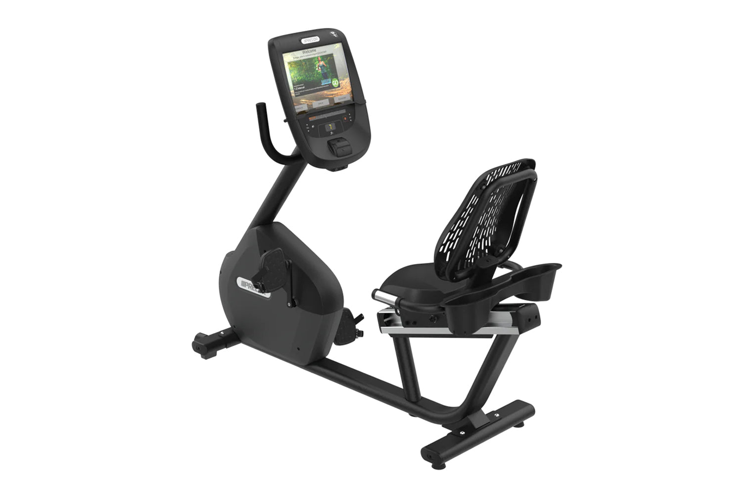 Black recumbent exercise bike with digital console displaying workout metrics, featuring padded seat with mesh backrest and f