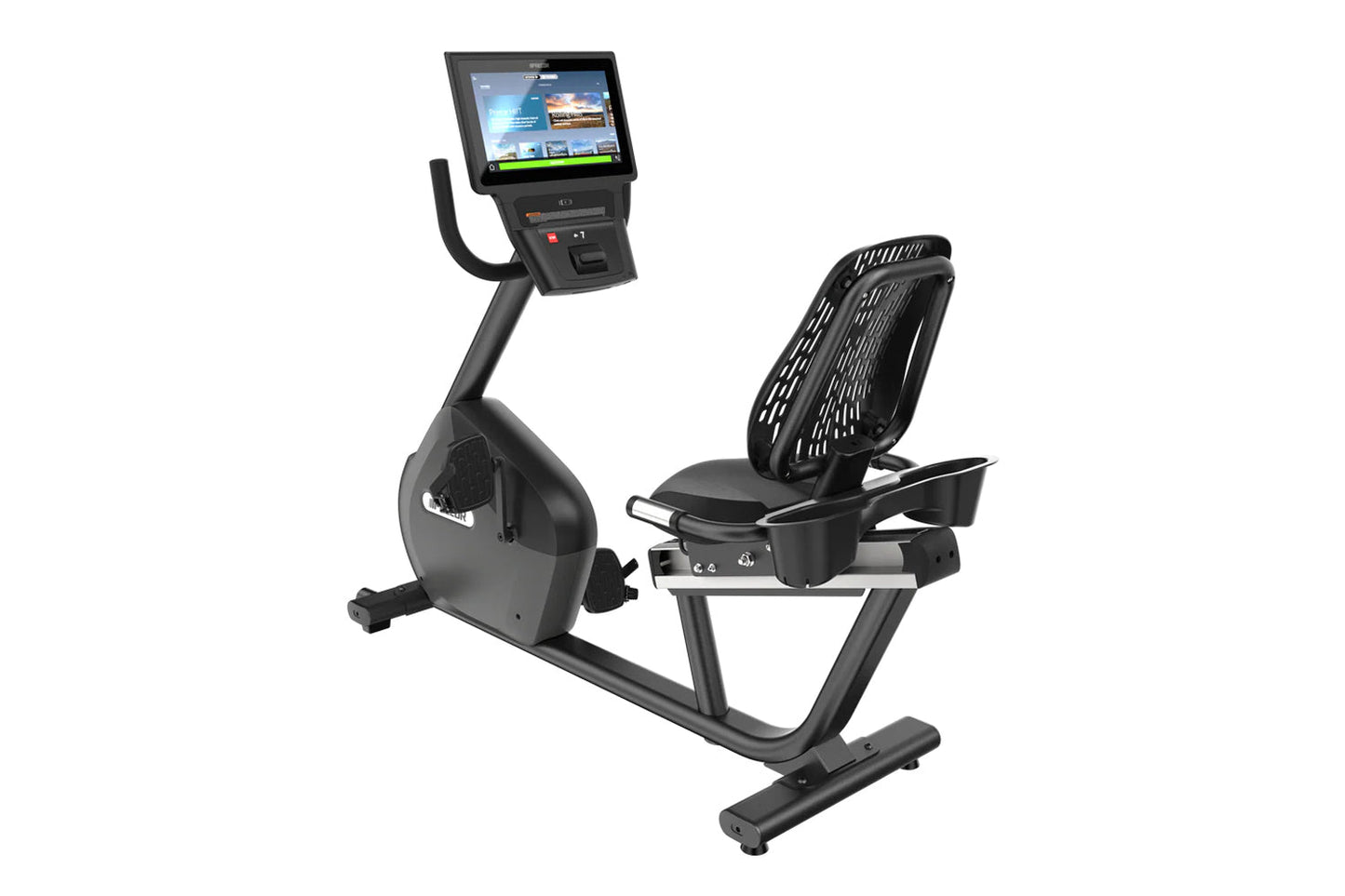 Black recumbent exercise bike with digital display console, ventilated seat back, and foot pedals on white background