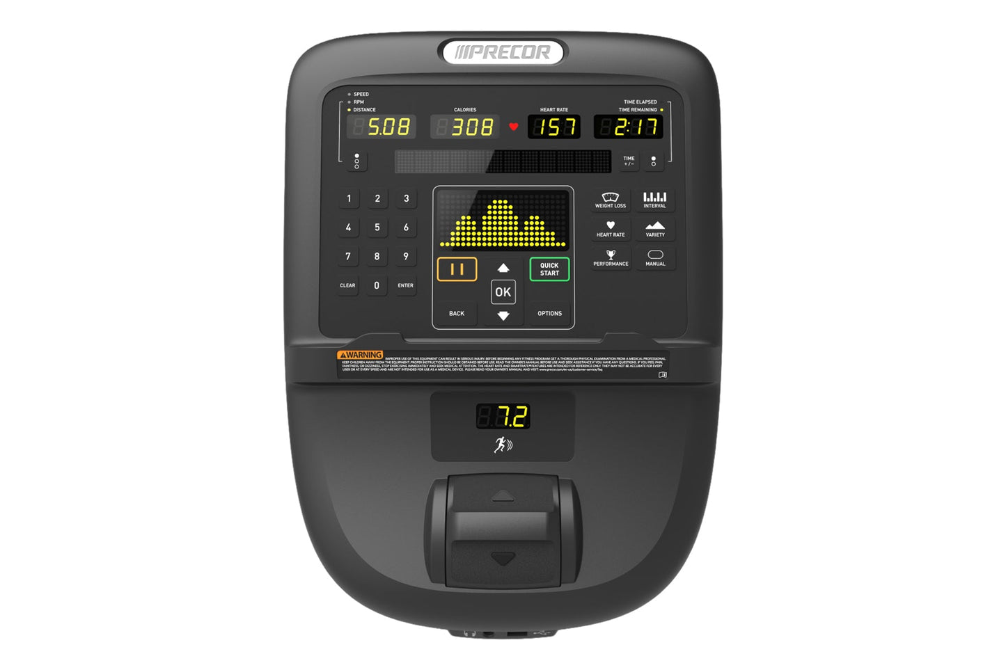Precor RBK 635 recumbent bike console displaying speed, calories, heart rate, and time metrics with numeric keypad and contro
