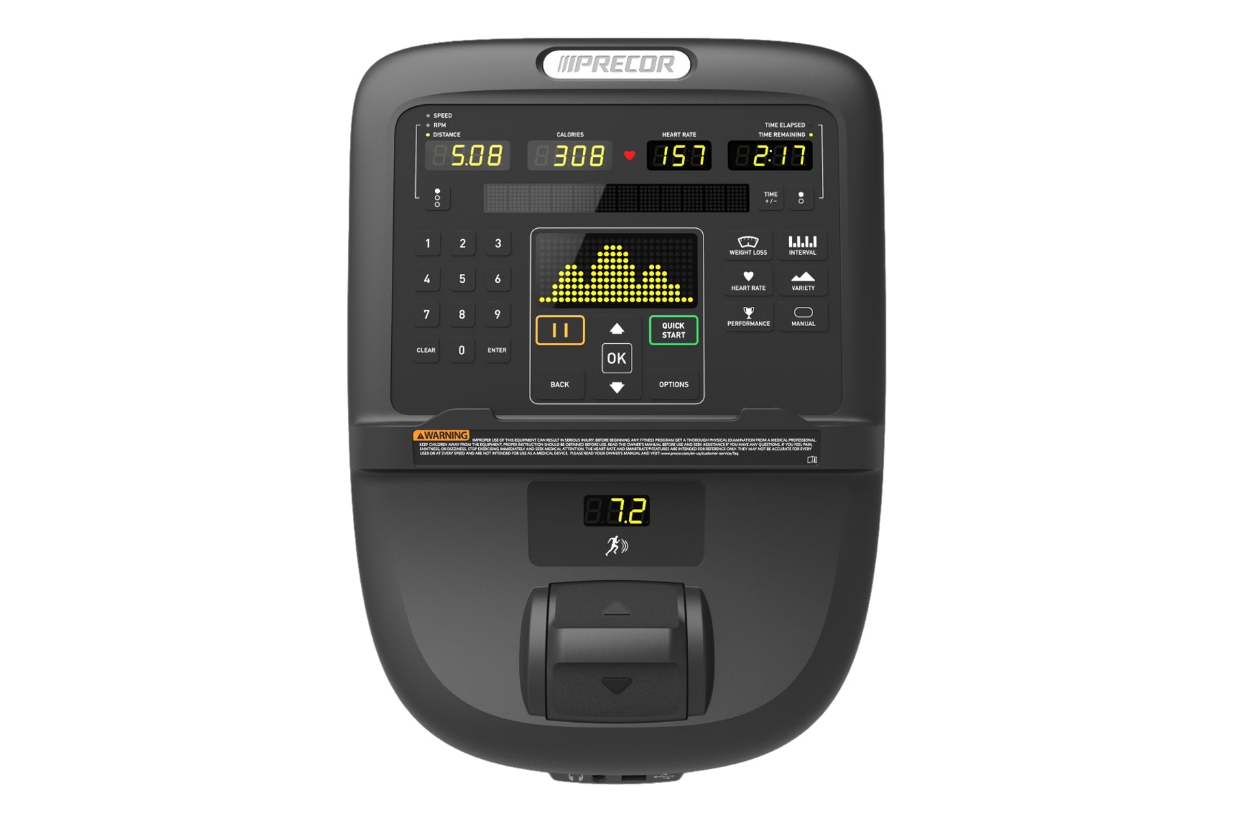 Precor RBK 635 recumbent bike console displaying speed, calories, heart rate, and time metrics with numeric keypad and contro