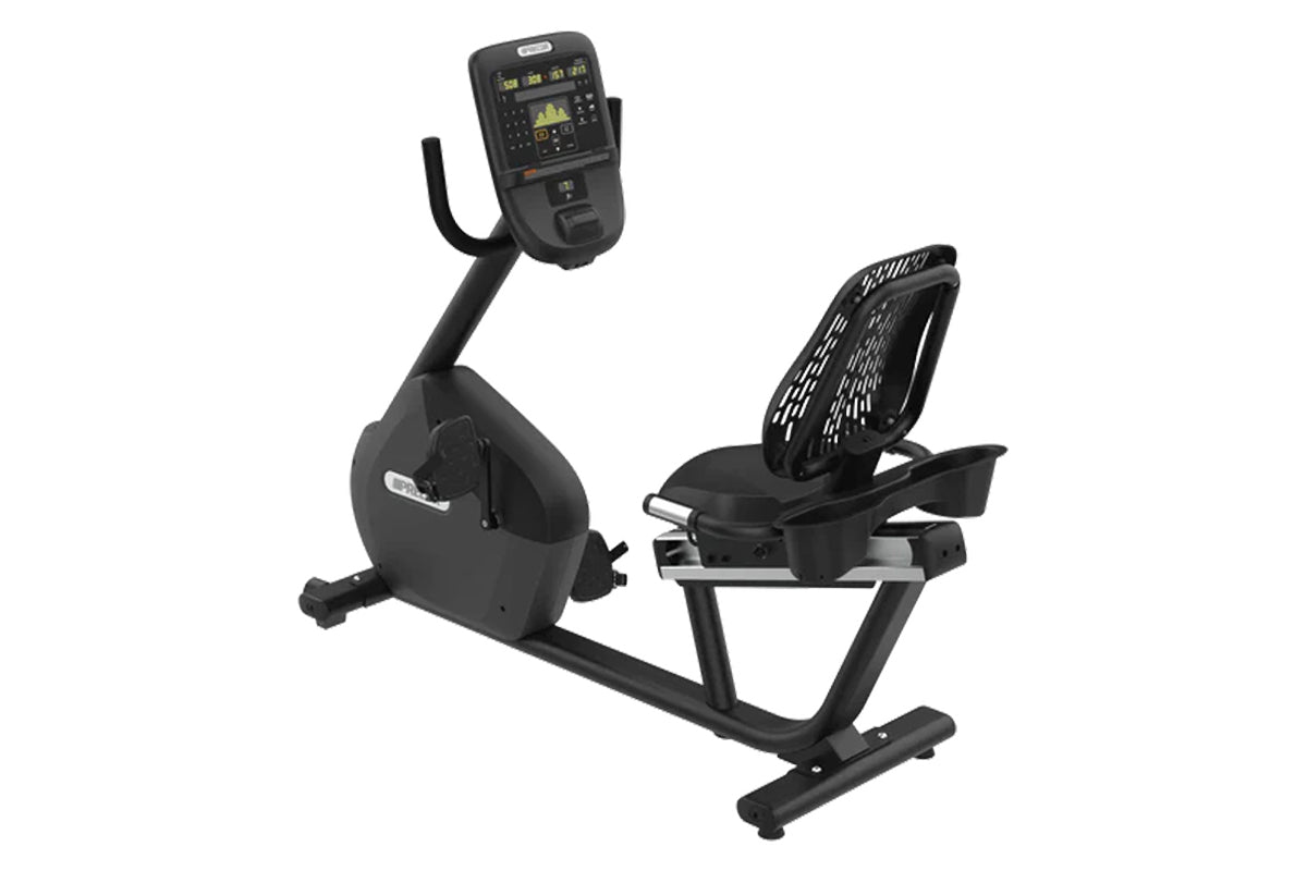 Black recumbent exercise bike with digital console displaying workout metrics, padded seat, and adjustable backrest on white 