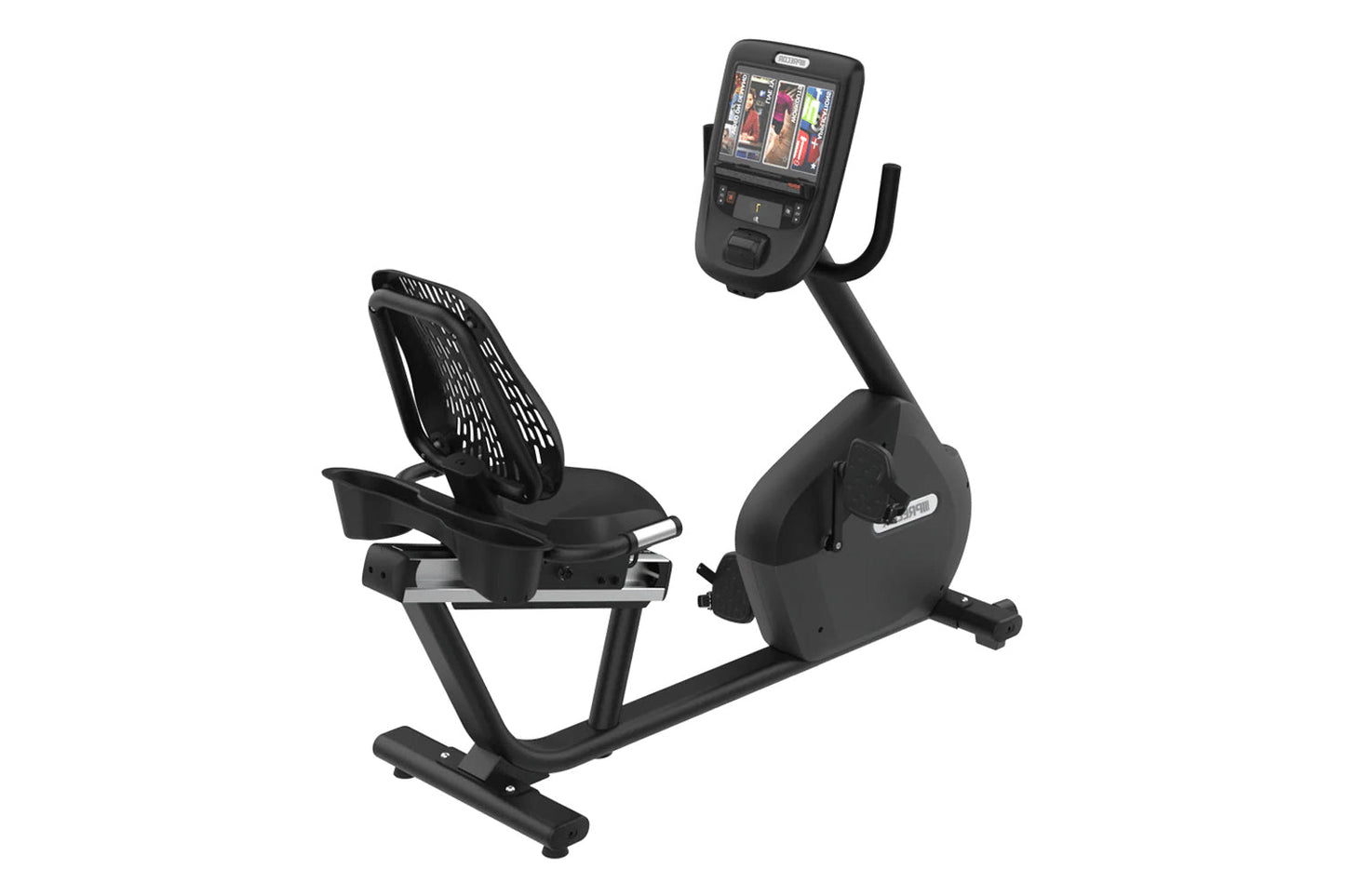 Black recumbent exercise bike with padded seat, digital touchscreen console mounted on arm, and foot pedals on white backgrou