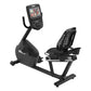 Black recumbent exercise bike with digital display console showing workout metrics, perforated backrest, and footrest on whit