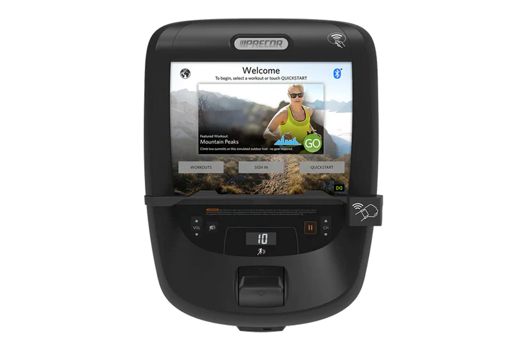 Precor RBK 685 recumbent exercise bike with black frame and digital console displaying workout welcome screen on white backgr
