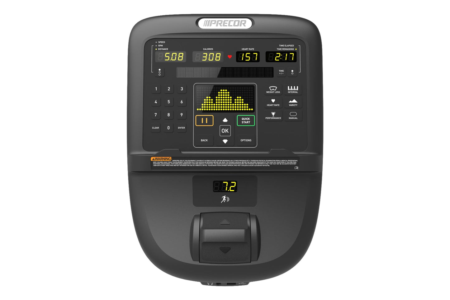 Precor RBK 800 recumbent exercise bike with black frame, digital display showing speed, calories, and heart rate, numeric key