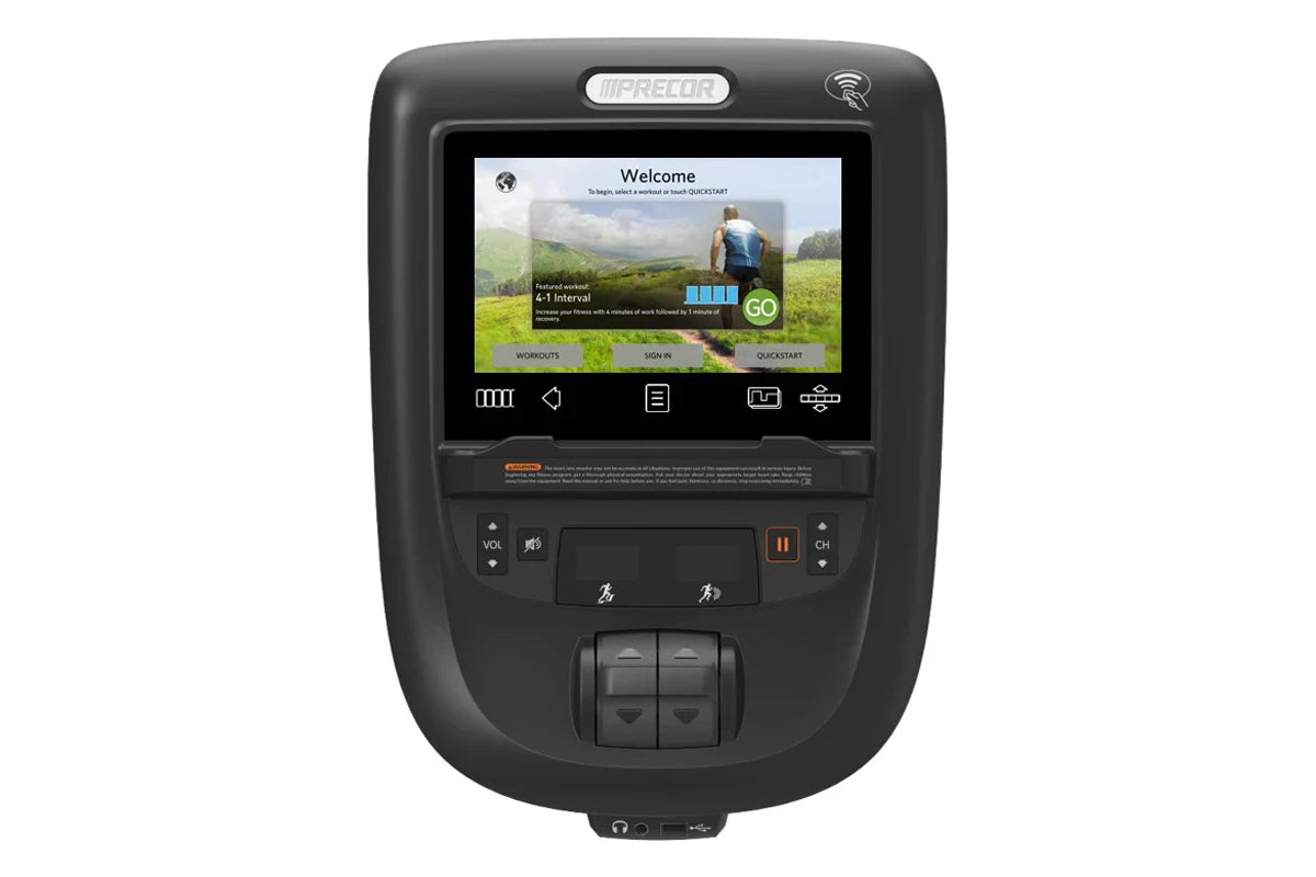 Precor RBK 800 recumbent exercise bike with black frame, touchscreen display showing welcome screen, and control buttons on w