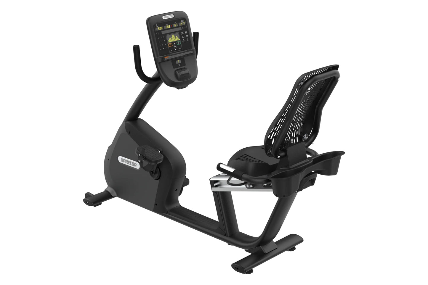 Black recumbent exercise bike with digital console displaying workout metrics, featuring padded seat with backrest and foot p