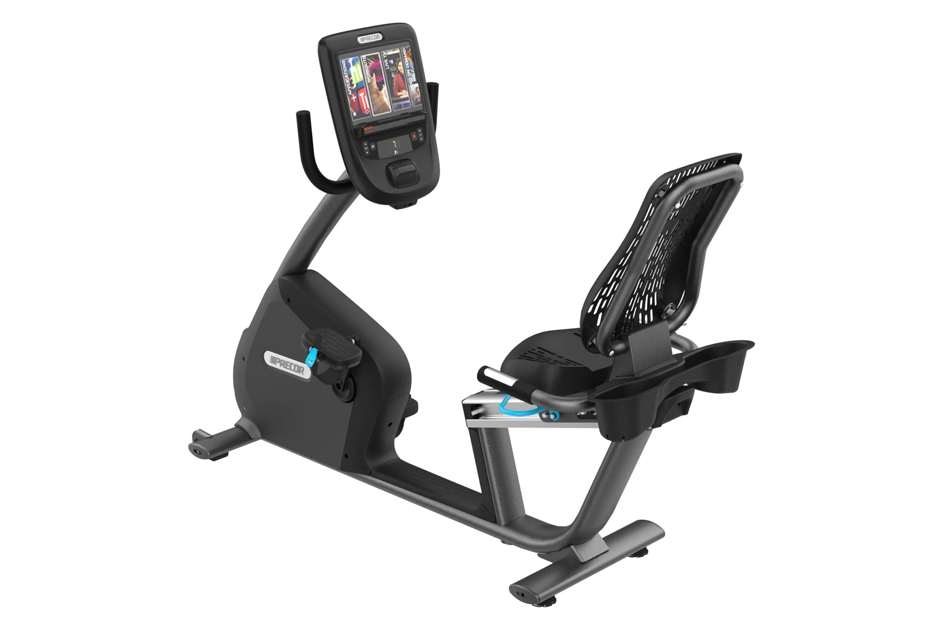 Black recumbent exercise bike with attached digital display console, pedals, and mesh backrest on white background