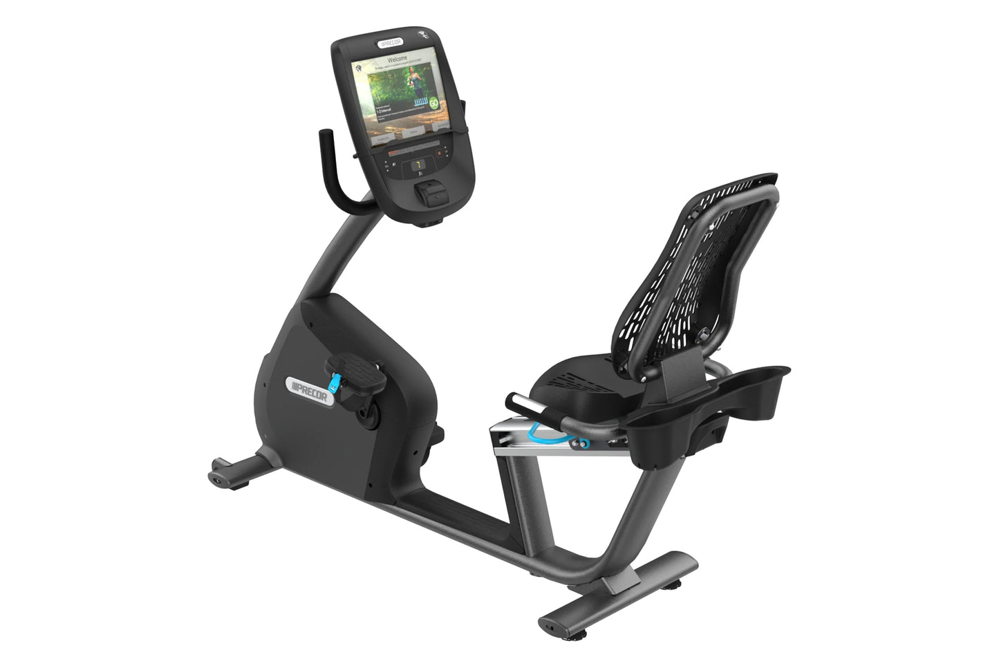 Precor RBK 800 recumbent exercise bike with black frame, digital display console, and blue accent details on white background