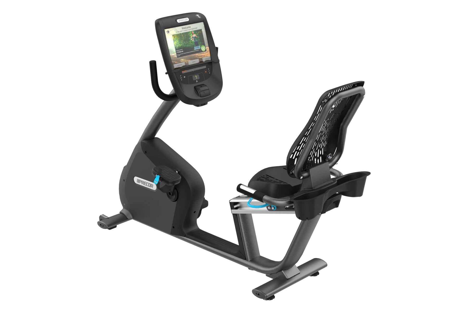 Precor RBK 800 recumbent exercise bike with black frame, digital display console, and blue accent details on white background