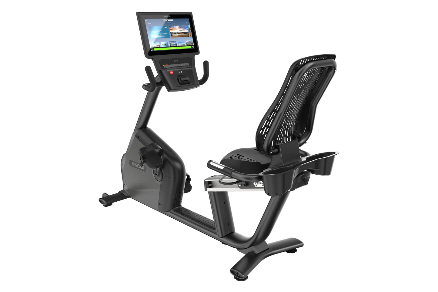 Black recumbent exercise bike with digital display console showing workout metrics and programs, ergonomic seat with ventilat