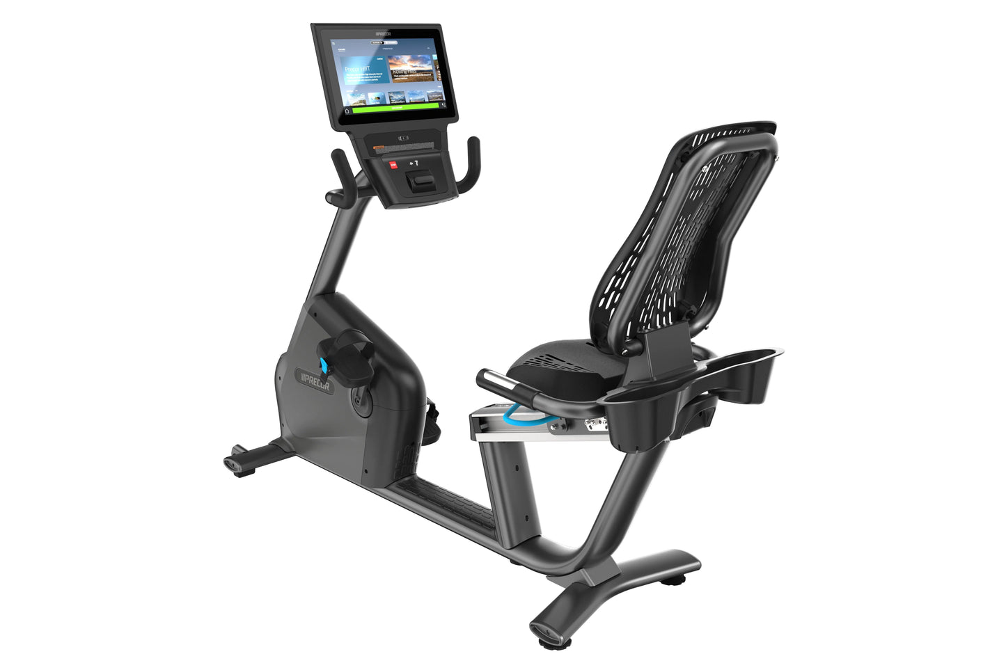 Precor RBK 800 recumbent exercise bike with black frame, blue accents, digital display console, and cushioned seat on white b