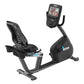 Black recumbent exercise bike with padded seat, blue accent details, and digital console display on adjustable arm, shown on 