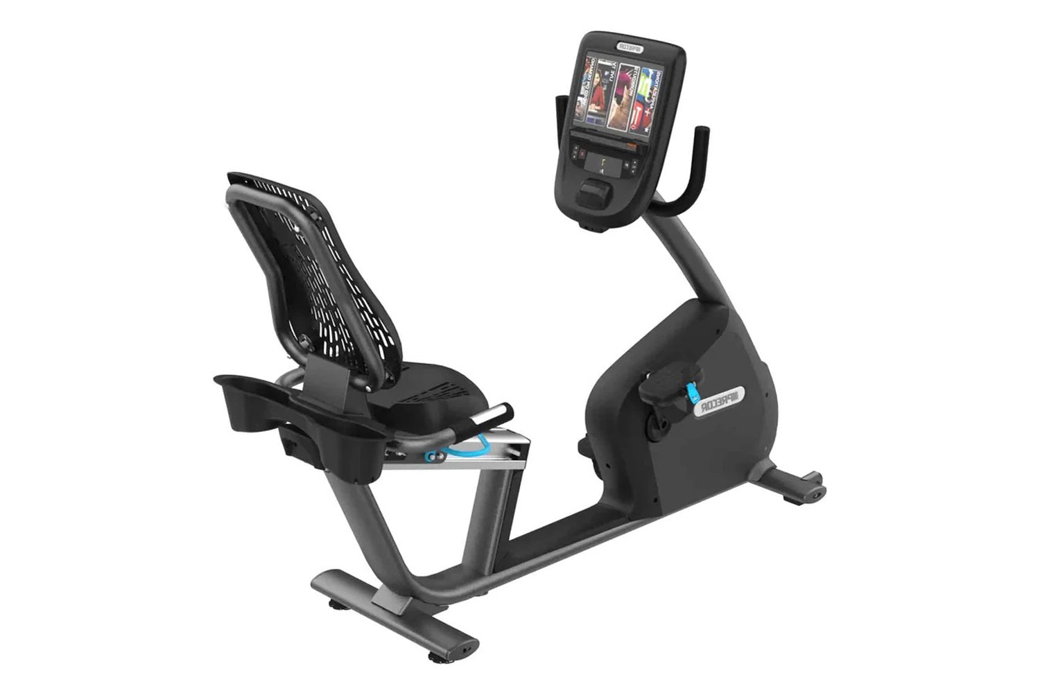 Black recumbent exercise bike with padded seat, blue accent details, and digital console display on adjustable arm, shown on 