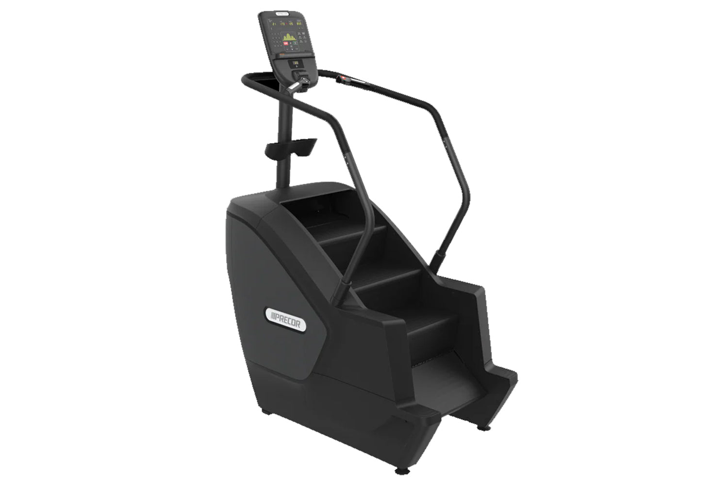 Black Precor stair climber with digital display console, handrails, and wide step platform on white background
