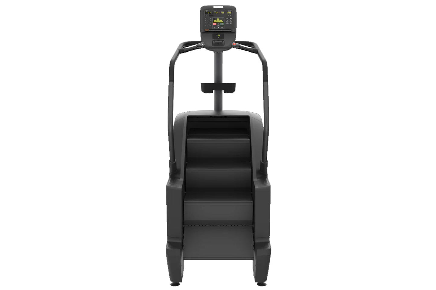 Black Precor SCL 835 stair climber with digital console, handrails, and stepped platform on white background