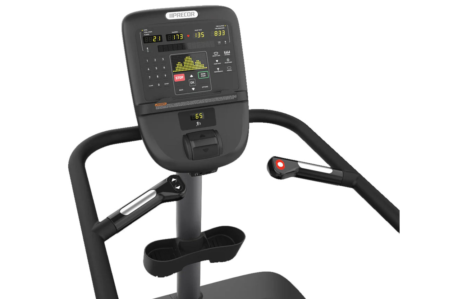 Precor black stair climber with digital console display, dual handles, footrest, and yellow waveform graph on screen against 