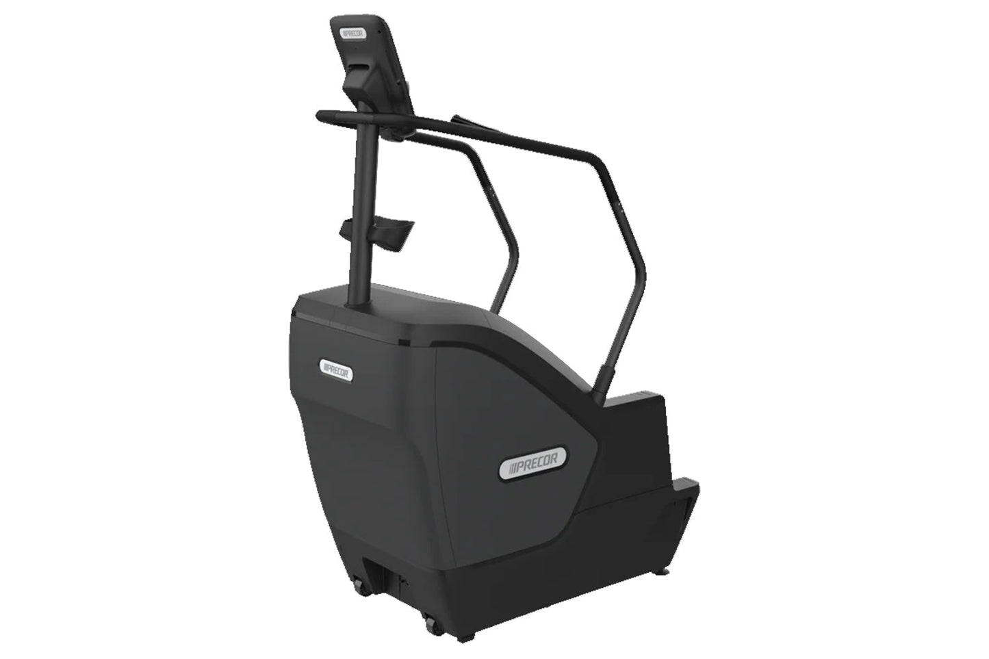 Black Precor stair climber with digital console, handrails, and foot pedals on white background