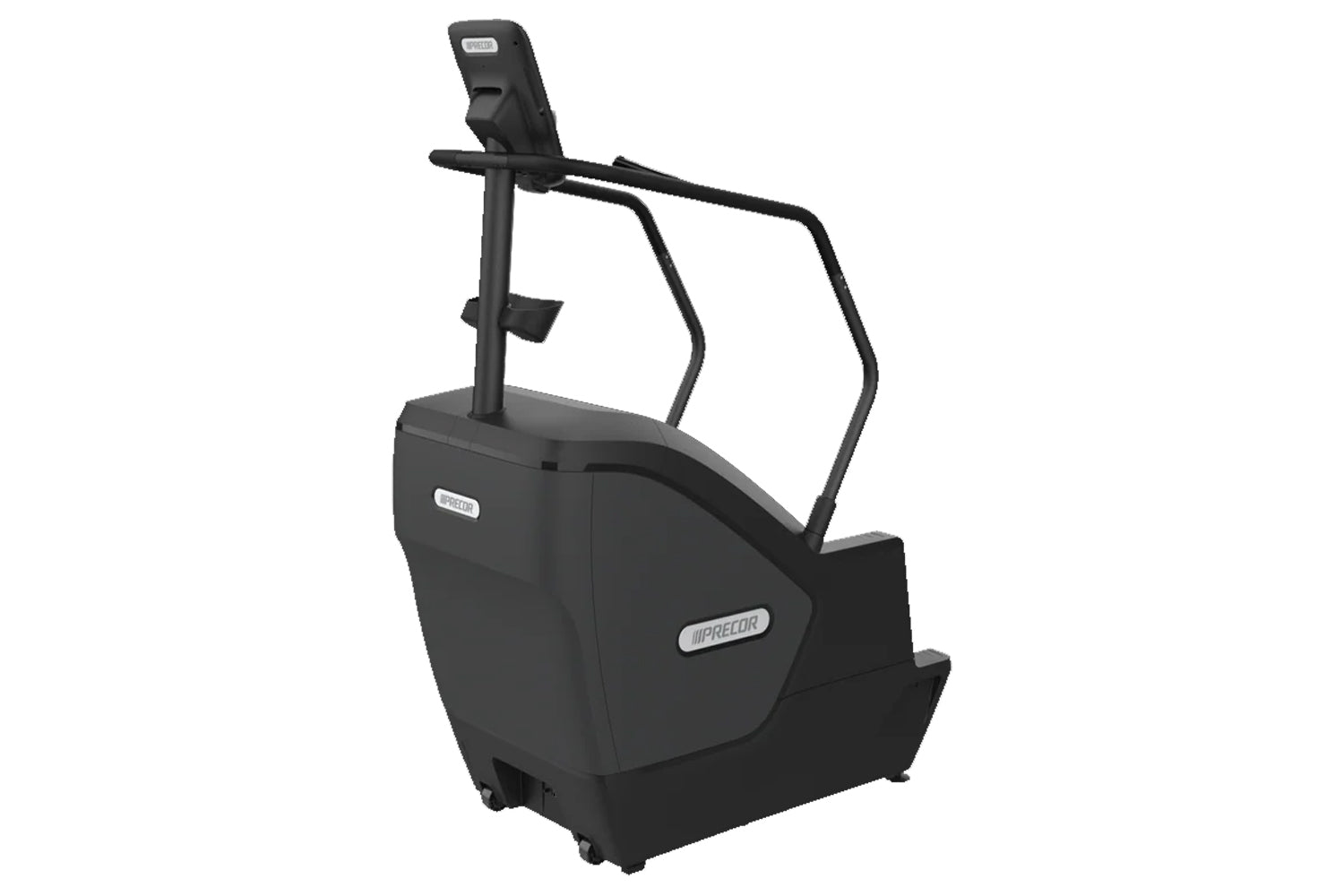 Black Precor stair climber with digital console, handrails, and foot pedals on white background