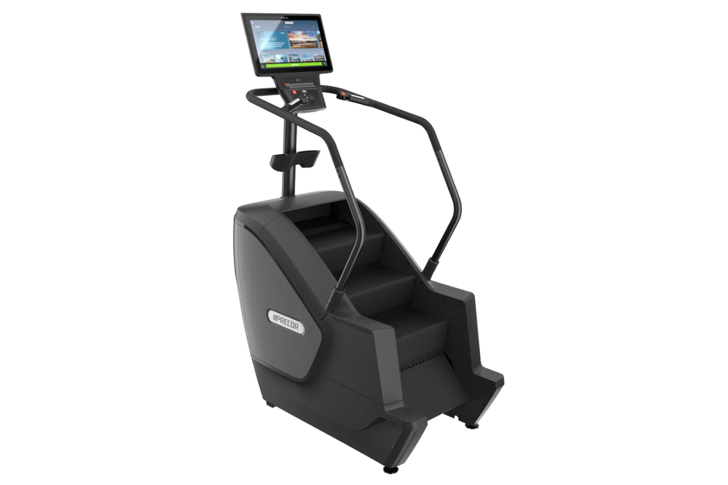 Precor SCL 835 black stair climber with dual handles and digital touchscreen console display on white background