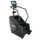 Precor SCL 885 black stair climber with digital console display and handrails on white background