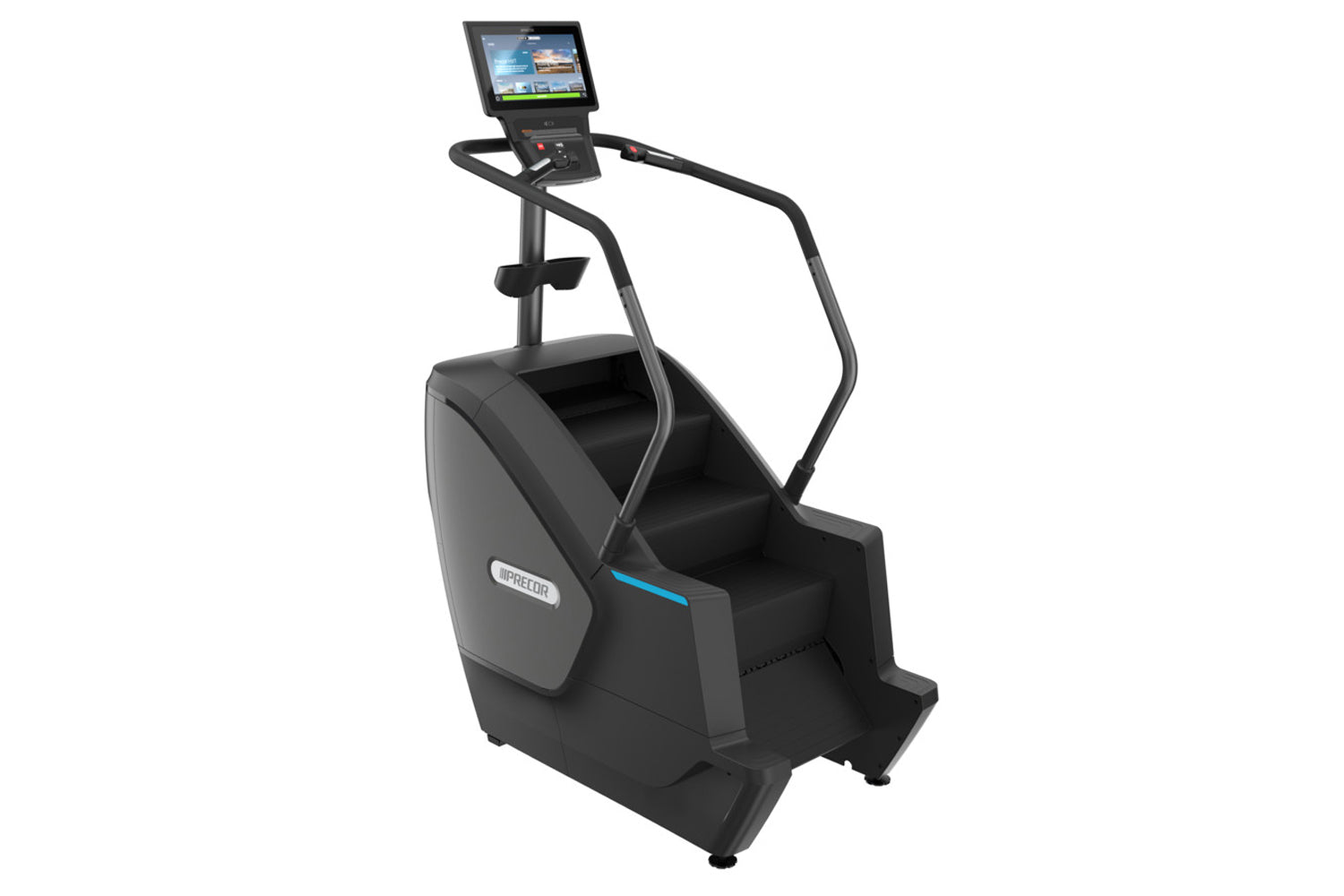 Precor SCL 885 black stair climber with digital console display and handrails on white background