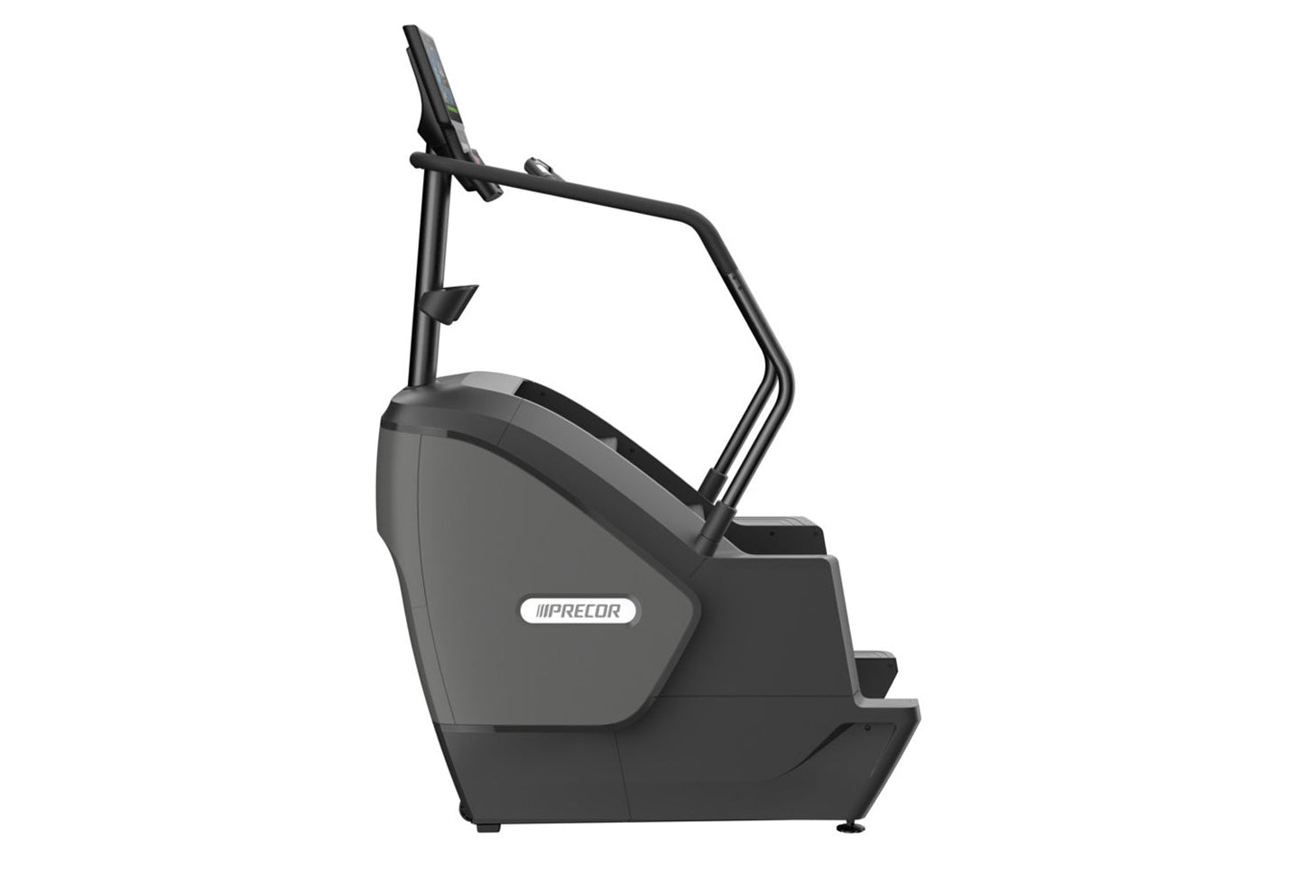 Precor SCL 885 black stair climber with gray accent panels and fixed handlebars on white background