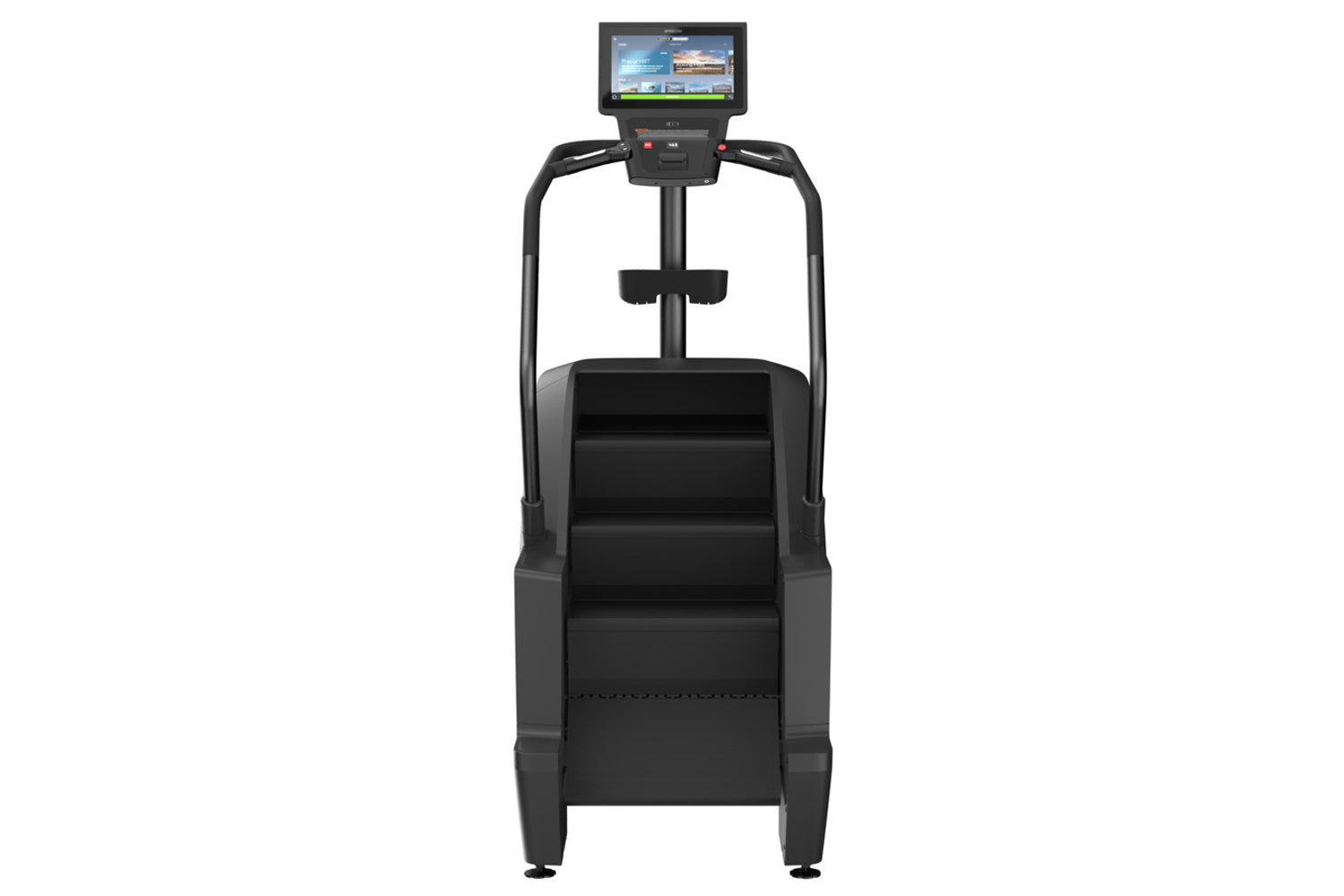 Black commercial stair climber with digital display console, handrails, and stepped tread on white background