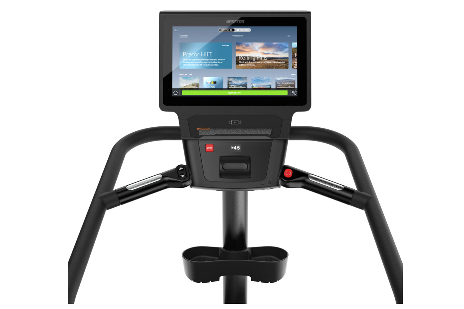 Precor SCL 885 stair climber with black frame, dual handles, and digital console displaying workout content on white backgrou
