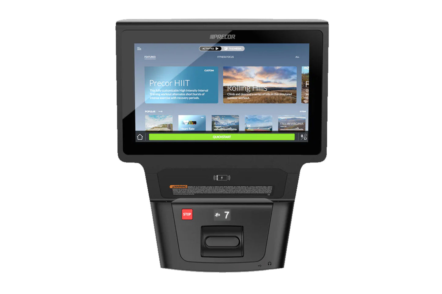 Precor SCL 885 black stair climber with touchscreen console displaying workout programs and quick start button