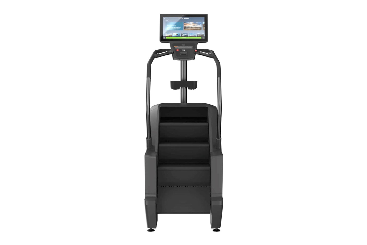 Black stair climber machine with digital display console and dual handrails, front view on white background