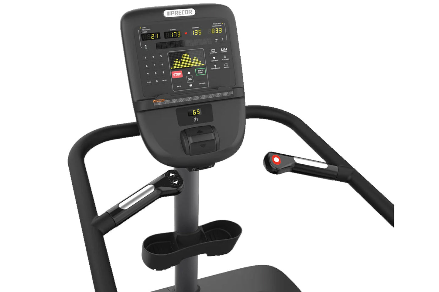 Precor SCL 895 black stair climber with digital console displaying workout metrics, handles, and foot pedals on white backgro